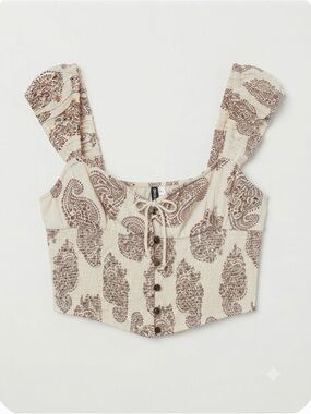 Divided Cream Paisley Smocked Crop Top with Front Buttons
